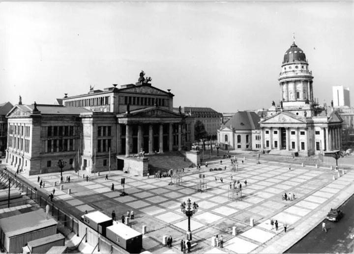 Gendarmenmarkt with French Cathedral and Concert Hall in black and white